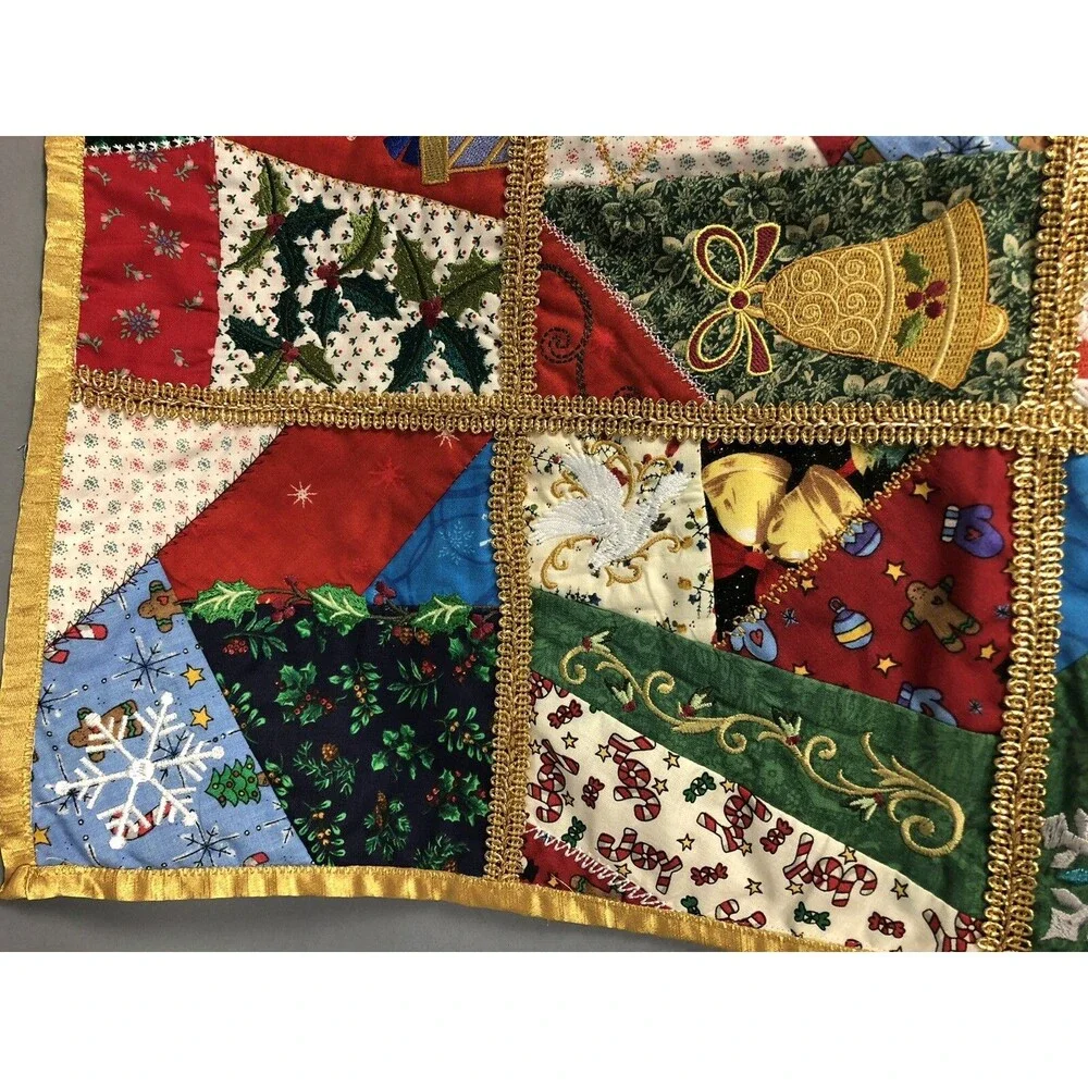Christmas Table Runner Snowman Handmade Embroidered Double Sided Multi Color